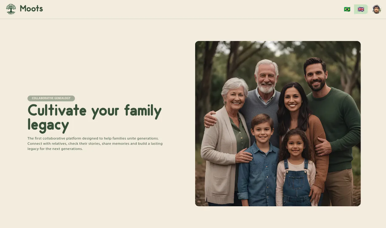 Moots home page: “Cultivate your family legacy” beside a photo of three generations of a family