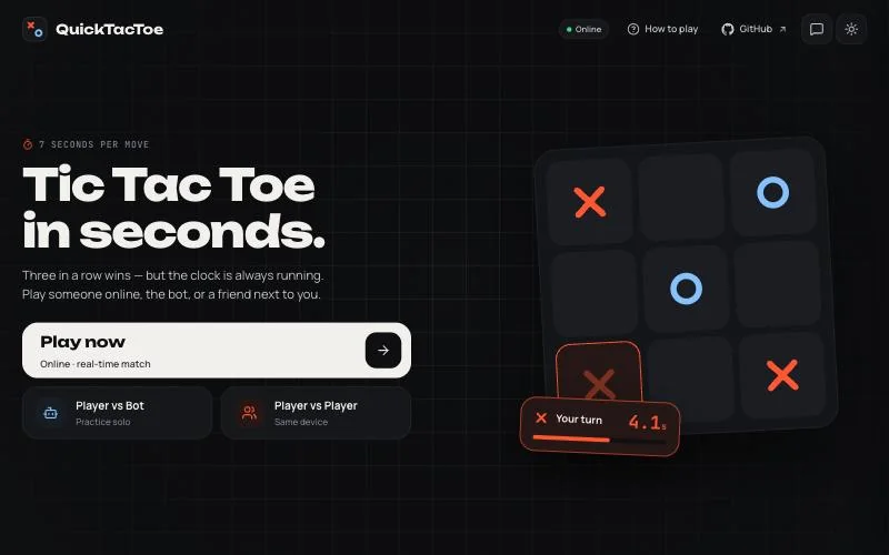QuickTacToe home page: “Tic Tac Toe in seconds.” beside a game board with a move timer at 4.1 seconds